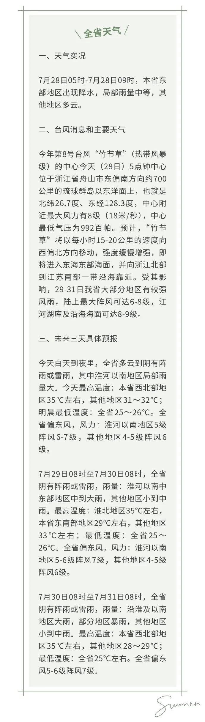 关于台风“竹节草”，江苏气象发布