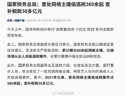 2021年来网络主播查补税款30多亿元