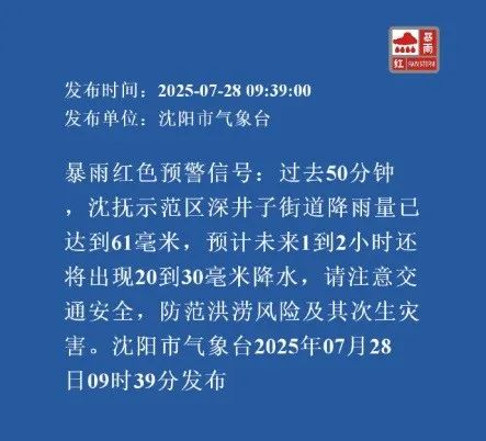 蓝色、橙色、红色！沈阳连发多条暴雨预警！辽宁局部还有暴雨、大暴雨……