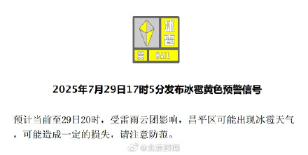 北京昌平区发布冰雹黄色预警