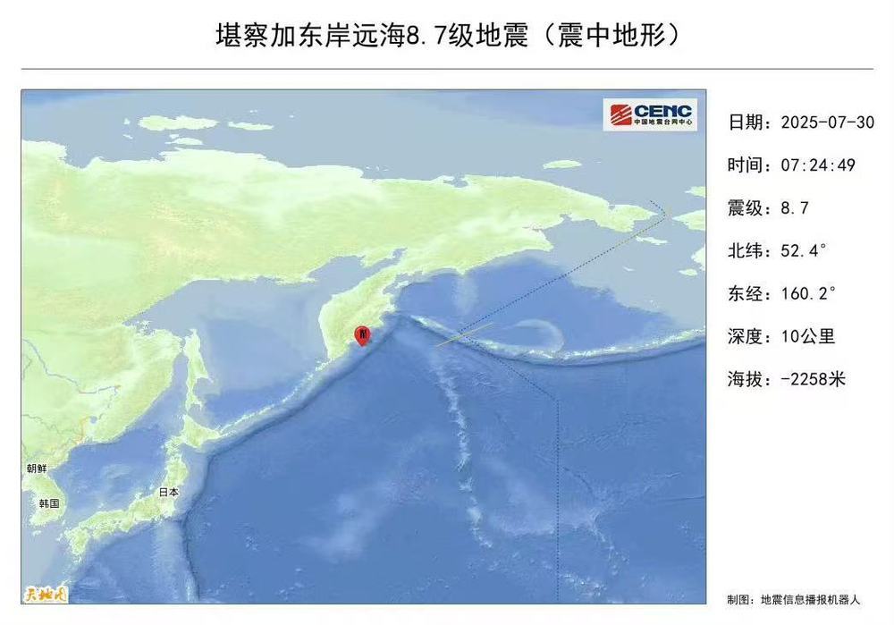 堪察加东岸远海地震震级修订为8.7级