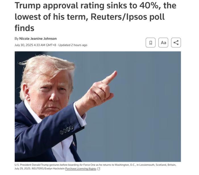 最新民调显示特朗普支持率跌至40% 为其第二任期新低
