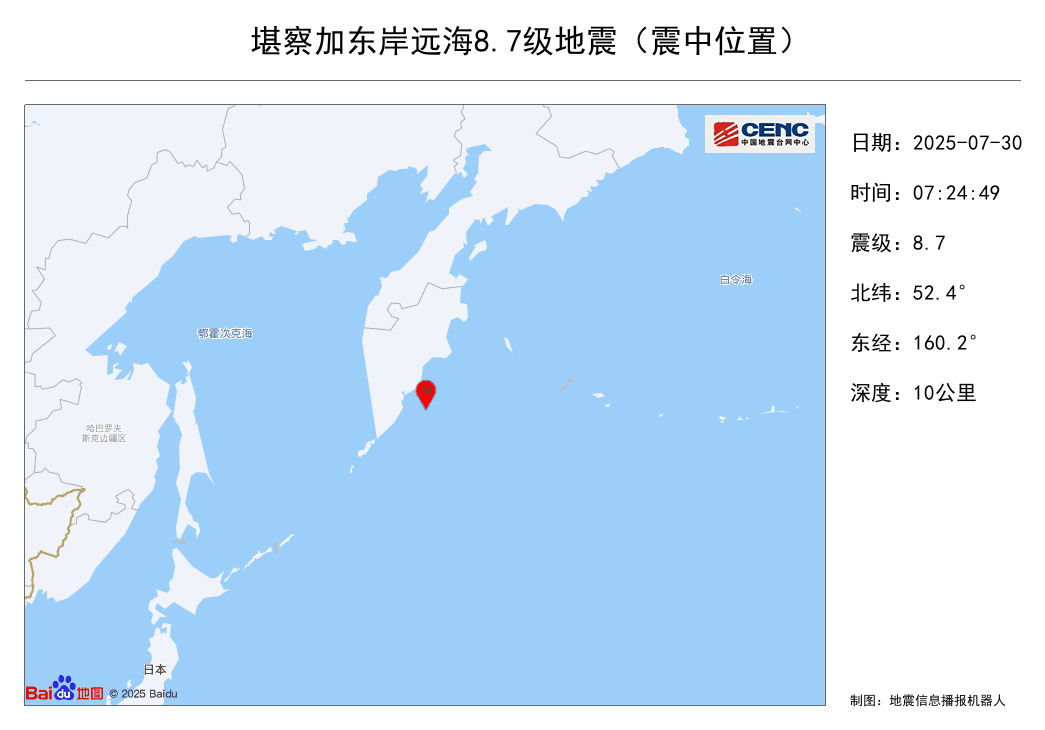 7月30日7时24分堪察加东岸远海地震震级修订为8.7级