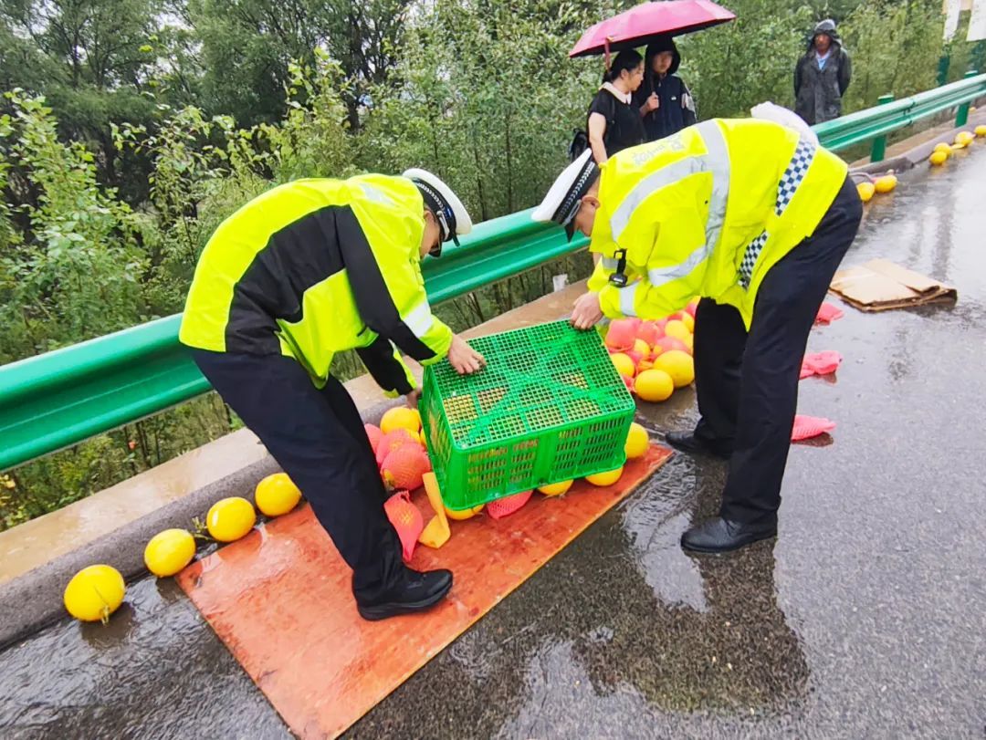 货车侧翻水果散落一地 高速交警化身“搬运工”紧急救助 货车侧翻水果散落一地 高速交警化身“搬运工”紧急救助
