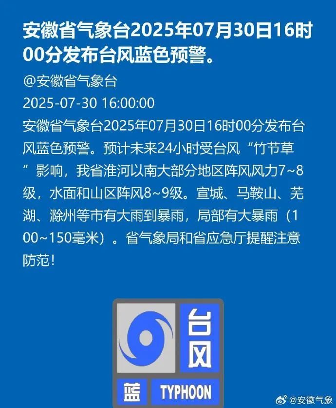 安徽发布台风蓝色预警！