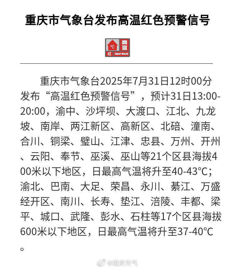 重庆发布高温红色预警 周日最高气温将达44℃ 重庆发布高温红色预警 周日最高气温将达44℃