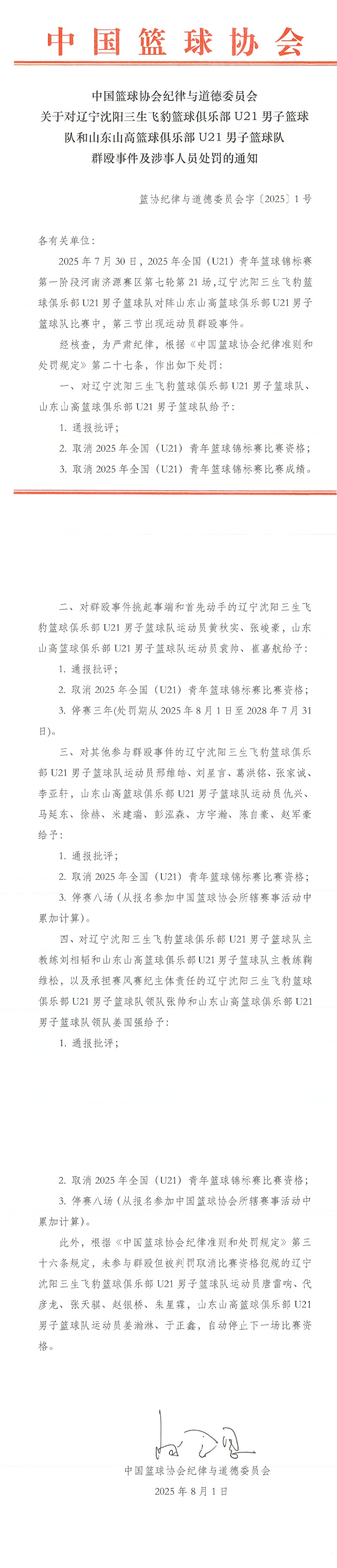 中国篮协通报辽宁山东U21群殴事件:4名球员停赛3年 中国篮协通报辽宁山东U21群殴事件:4名球员停赛3年