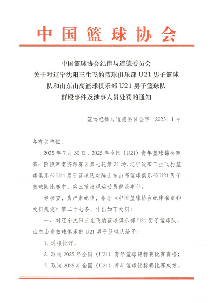 中国篮协通报U21群殴事件 对四名球员处罚停赛三年