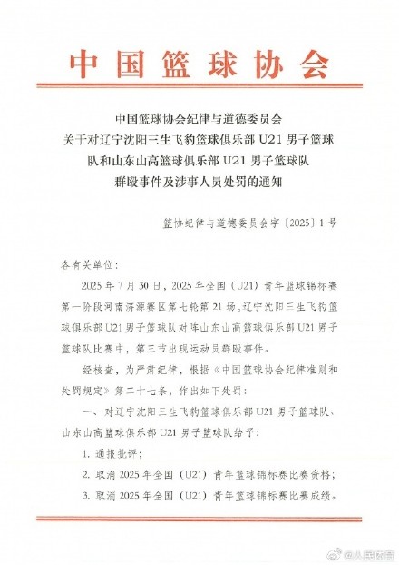 中国篮协通报辽宁山东U21群殴事件