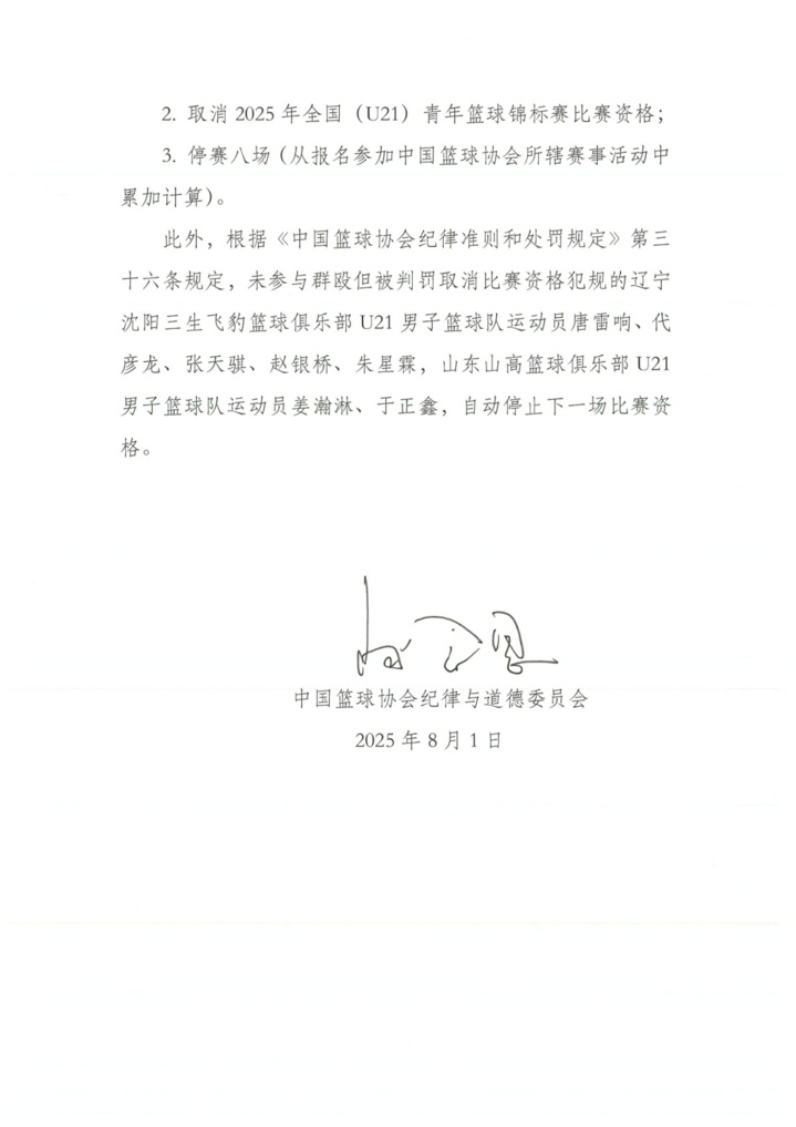 中国篮协通报U21群殴事件 对四名球员处罚停赛三年