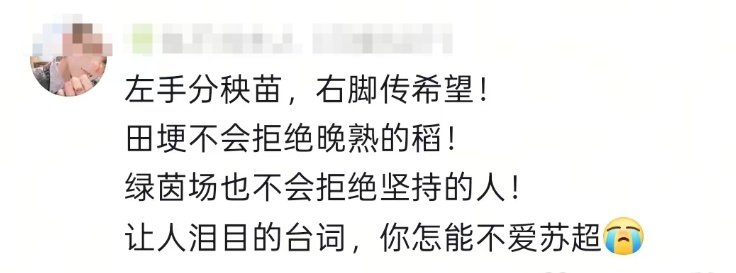 “田埂不会拒绝晚熟的稻，绿茵场不会拒绝坚持的人！”这段“苏超”解说词火了