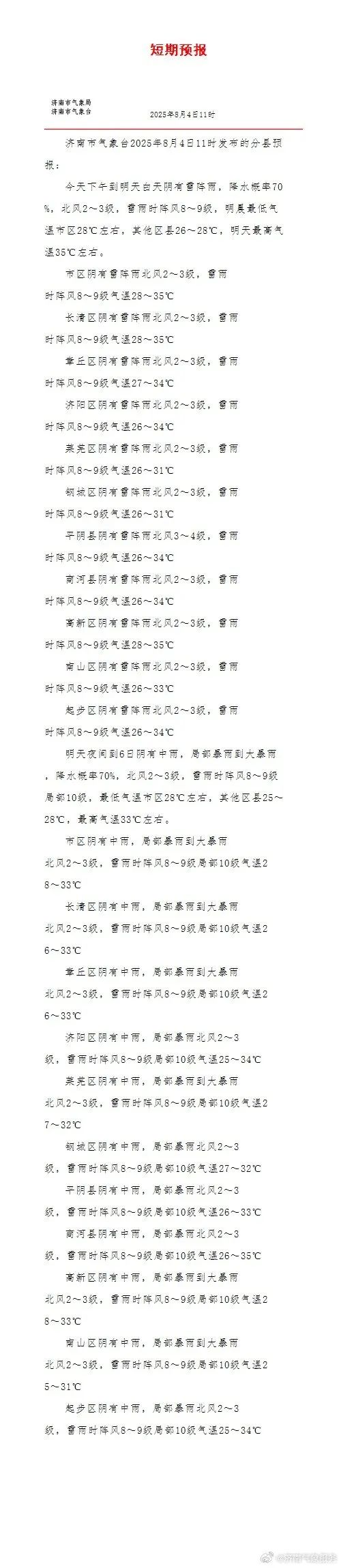 济南发布雷雨大风和强对流黄色预警：全市有中雨，局部暴雨到大暴雨