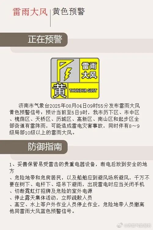 济南发布雷雨大风和强对流黄色预警：全市有中雨，局部暴雨到大暴雨