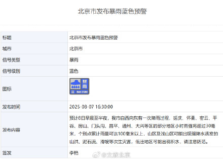 北京发布暴雨蓝色预警！预计时段——