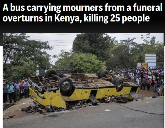 肯尼亚发生大巴翻车事故 已致25人遇难数人受伤