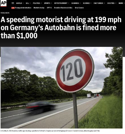 德国司机飙车超速167%被抓