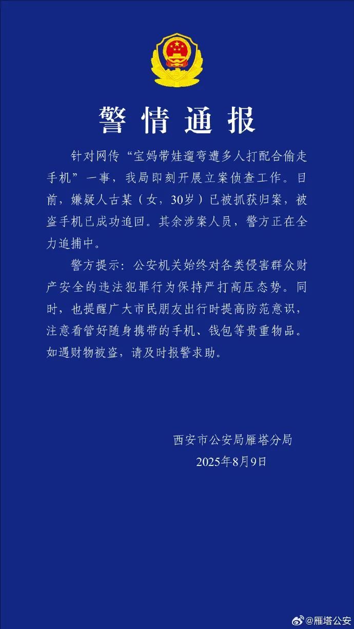 女子遛娃遭多人配合偷走手机,监控拍下行窃过程!西安警方通报 女子遛娃遭多人配合偷走手机,监控拍下行窃过程!西安警方通报