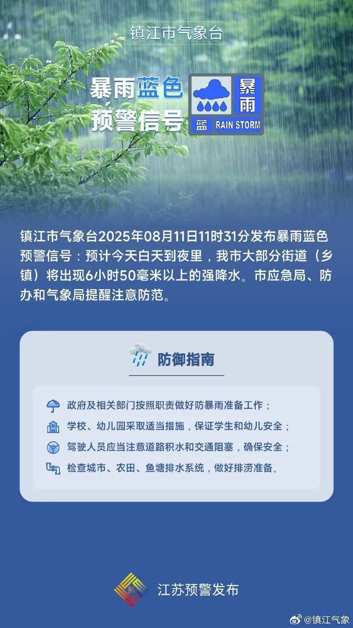 镇江发布暴雨蓝色预警！