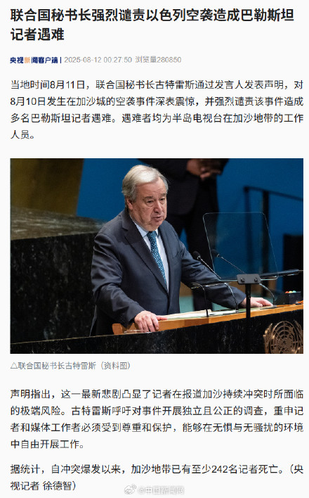 联合国秘书长谴责以空袭致记者遇难