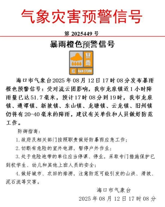 暴雨橙色+大风黄色！海口发布预警信号