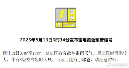 北京2区发布雷电黄色预警，延庆区发布大风黄色预警，局地阵风可达10级！