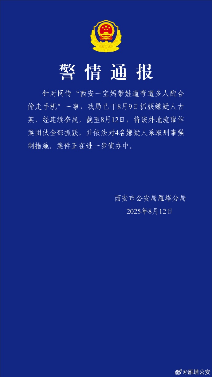 “宝妈遛娃遭多人配合偷手机”，西安警方再通报：4人作案团伙已全部抓获