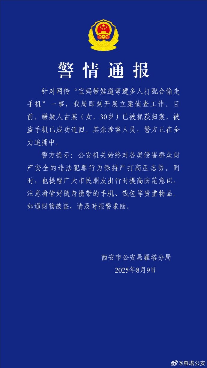 “宝妈遛娃遭多人配合偷手机”，西安警方再通报：4人作案团伙已全部抓获