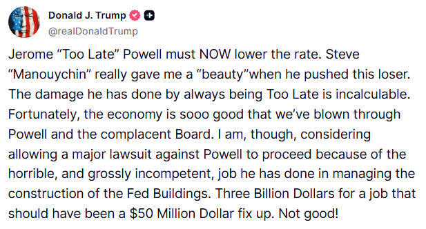 特朗普考虑起诉美联储主席鲍威尔