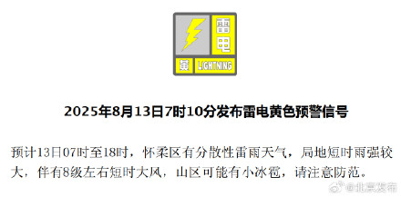北京2区发布雷电黄色预警，延庆区发布大风黄色预警，局地阵风可达10级！
