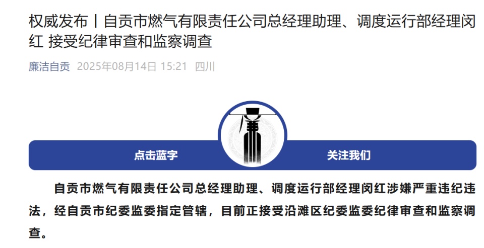 自贡市燃气有限责任公司总经理助理、调度运行部经理闵红被查 自贡市燃气有限责任公司总经理助理、调度运行部经理闵红被查