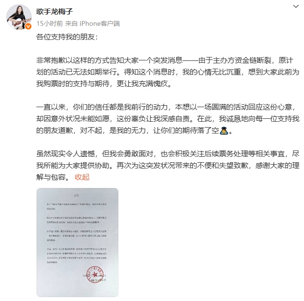 女歌手发文道歉：因主办方资金链断裂取消演唱会