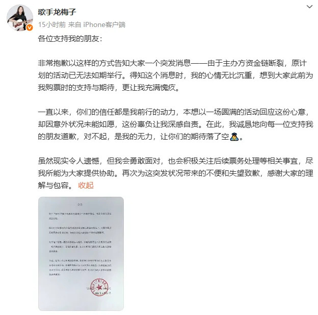 歌手龙梅子发文道歉：因主办方资金链断裂取消演唱会，曾演唱《有钱没钱回家过年》