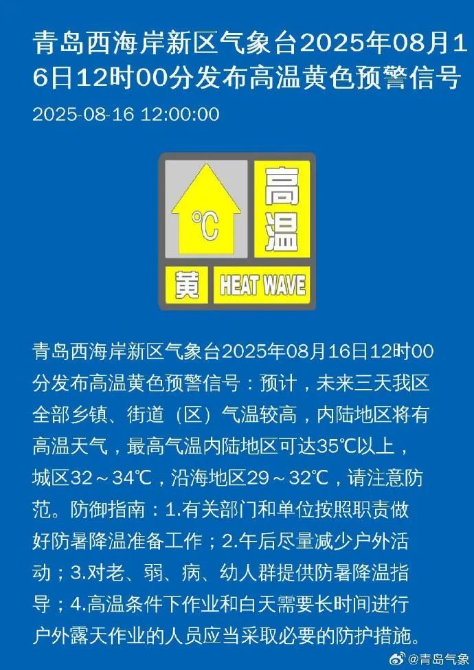 局地将超37℃！青岛三地发布高温黄色预警，注意防范