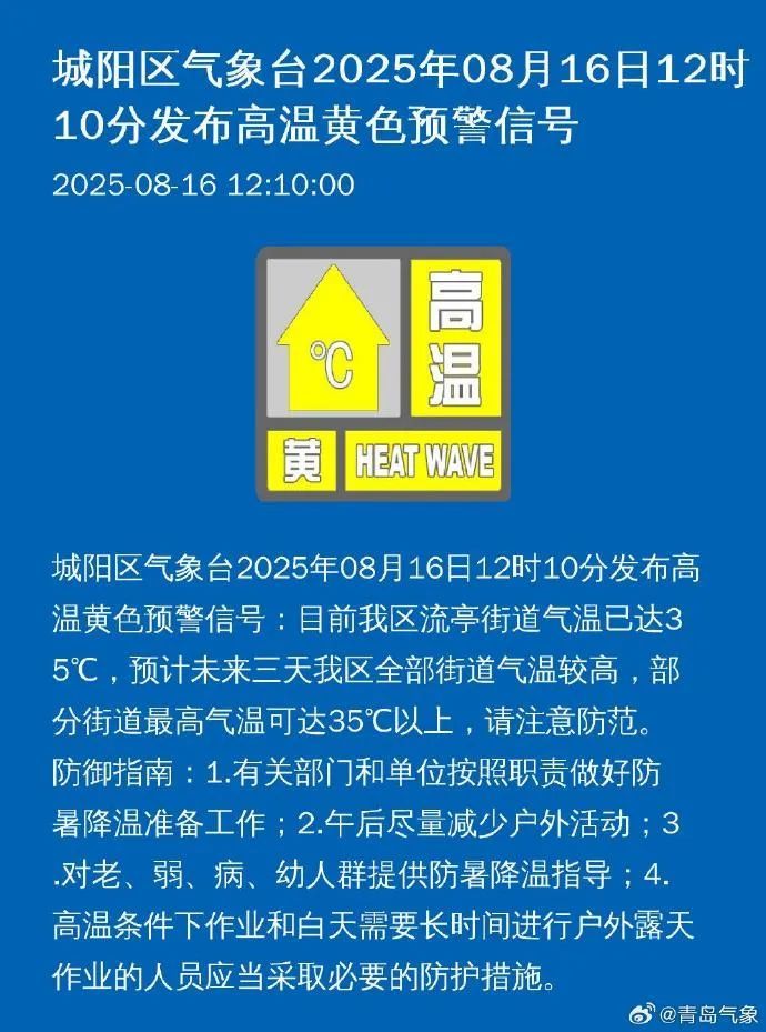 局地将超37℃！青岛三地发布高温黄色预警，注意防范