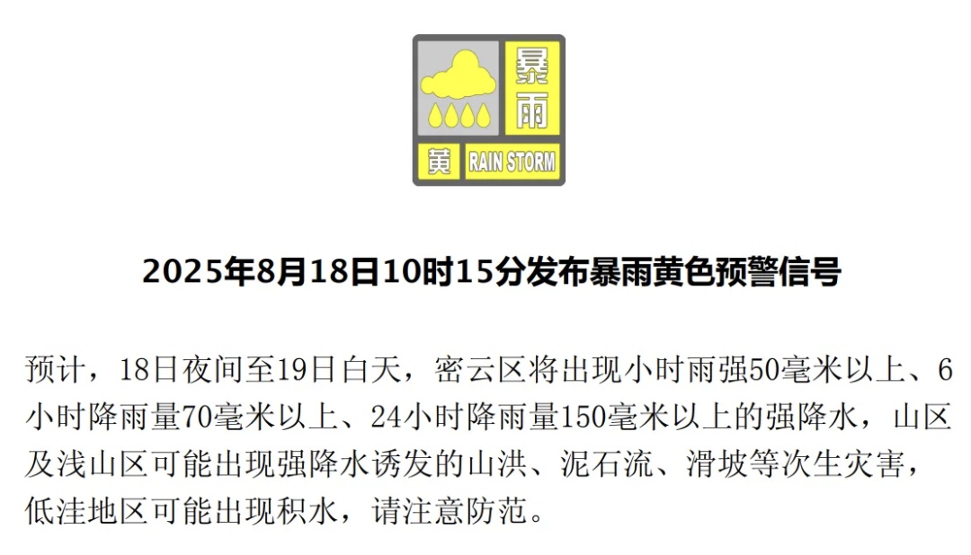 北京多区发布暴雨黄色预警！还有两项预警生效中——