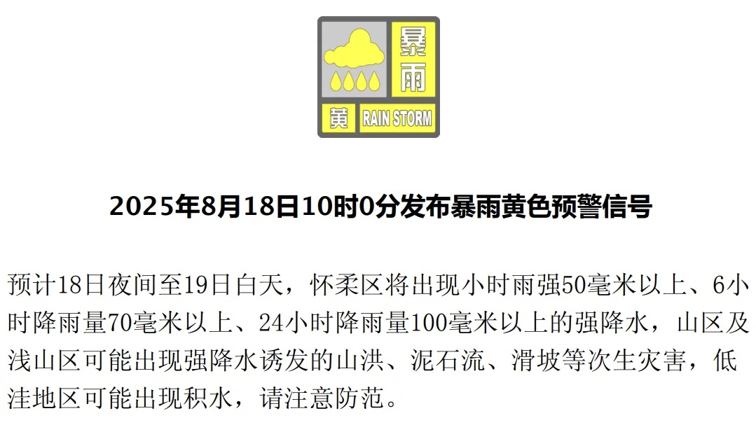 北京多区发布暴雨黄色预警！还有两项预警生效中——