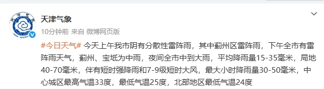 警惕 | 天津下午开始!大暴雨!10级雷暴+11级大风!四级应急响应! 警惕 | 天津下午开始!大暴雨!10级雷暴+11级大风!四级应急响应!