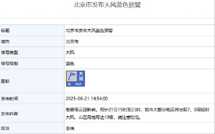 山区局地可达10级！北京市发布大风蓝色预警