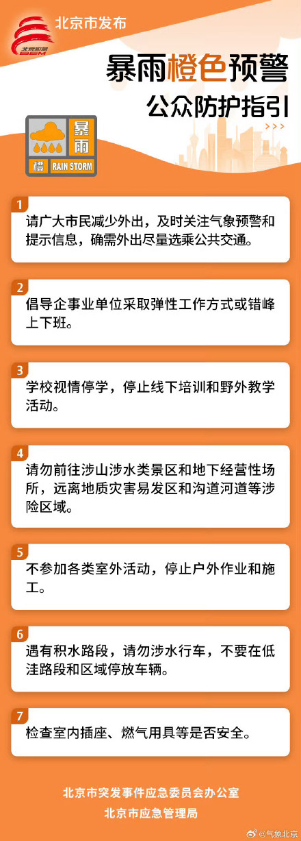 北京市发布暴雨橙色预警 今天夜间至明天夜间北京有暴雨 部分地区大暴雨