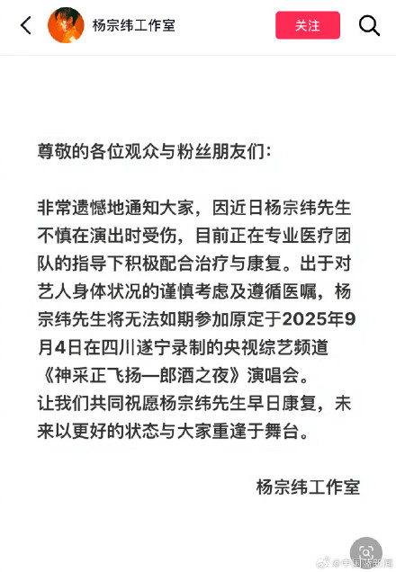 杨宗纬无法如期参加录制遂宁演唱会