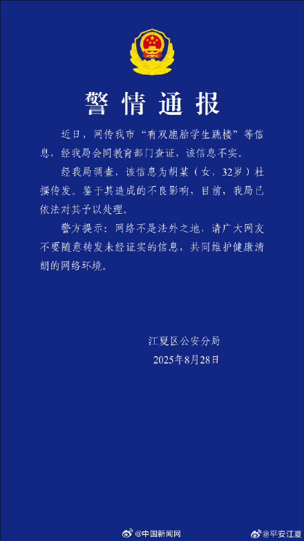 警方辟谣武汉有双胞胎学生跳楼