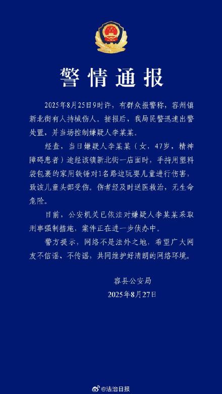 广西通报女子持铁锤当街伤害儿童