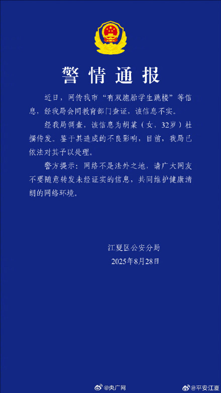 武汉辟谣双胞胎学生跳楼