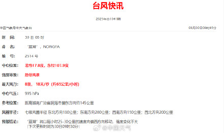 14号台风蓝湖生成了 南海热带低压已加强为今年第14号台风