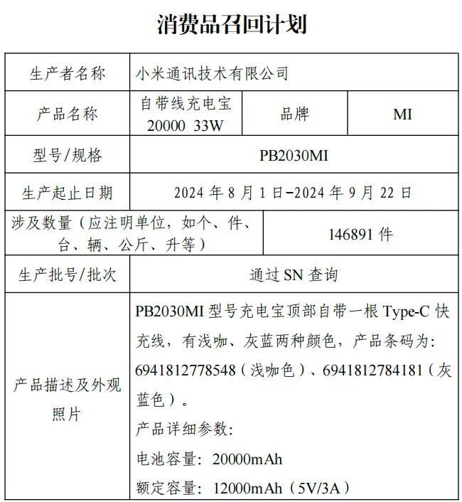 小米召回部分MI牌充电宝