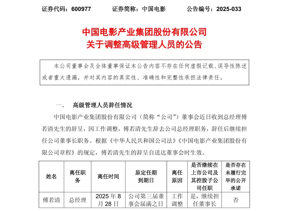中国电影，迎来最新人事大变更