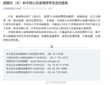 中国驻韩国大使馆提醒在韩来韩中国公民慎带攻击性器具