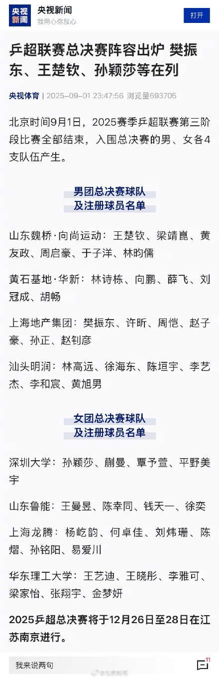 樊振东、王楚钦等入围乒超总决赛