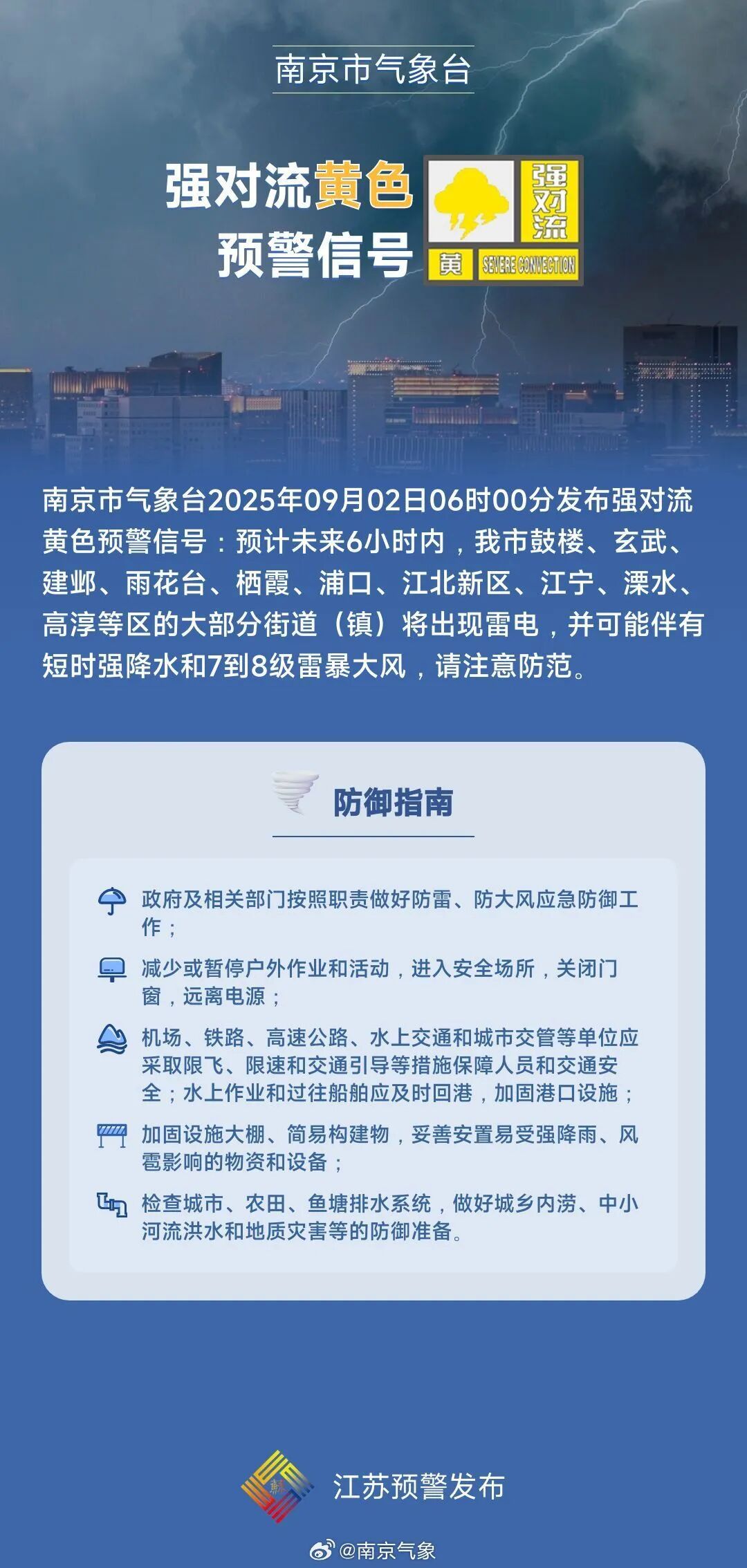 雷电+强降水+8级雷暴大风！南京发布预警