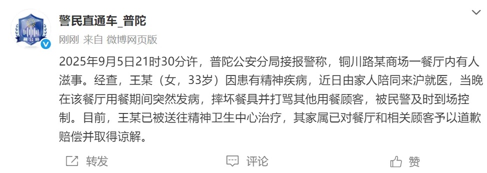 上海警方通报：王某（女，33岁，外地来沪）被当场控制，已送往精神卫生中心治疗